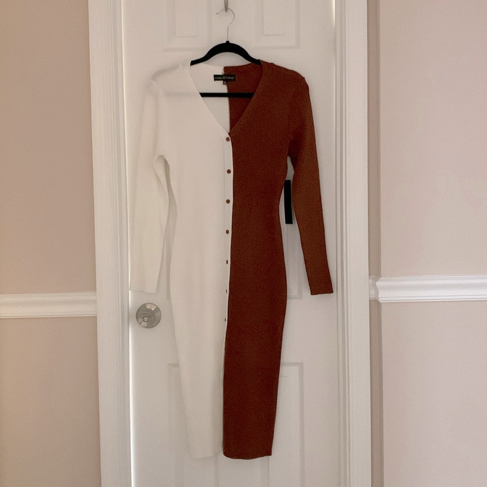 Brown & white fitted sweater dress
